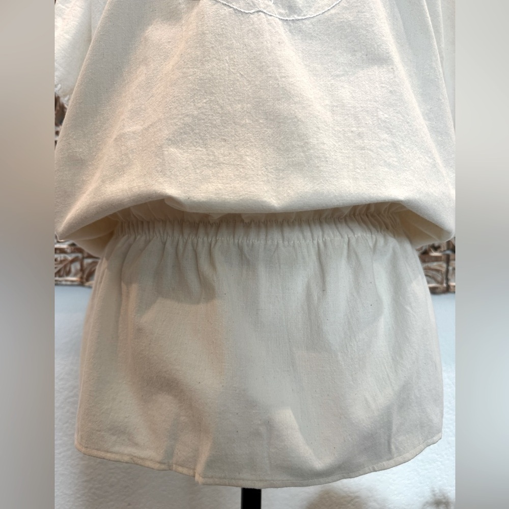 Memory Cream w/White Floral Embroidery 100% Cotton Cinched Waist Blouse- size L - Picture 7 of 14